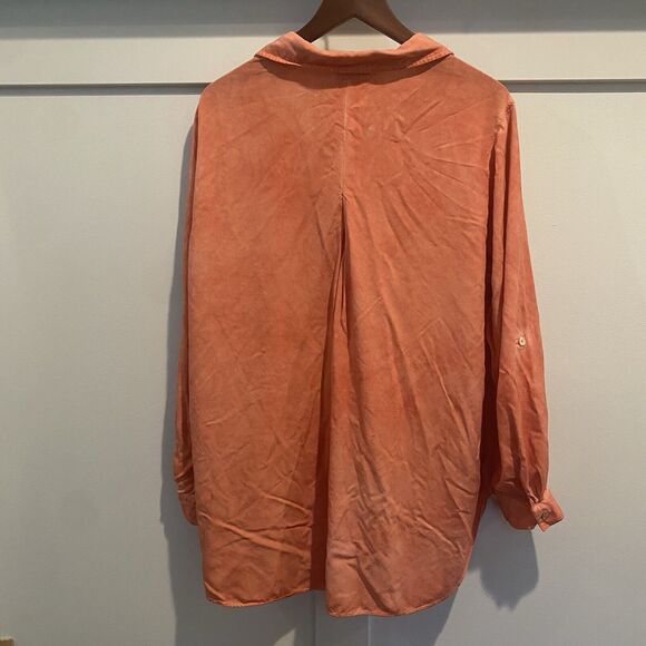 Jane + Delancey Top Women 1X Orange Watercolor Roll Tab Boho Fall Colors - Picture 6 of 11